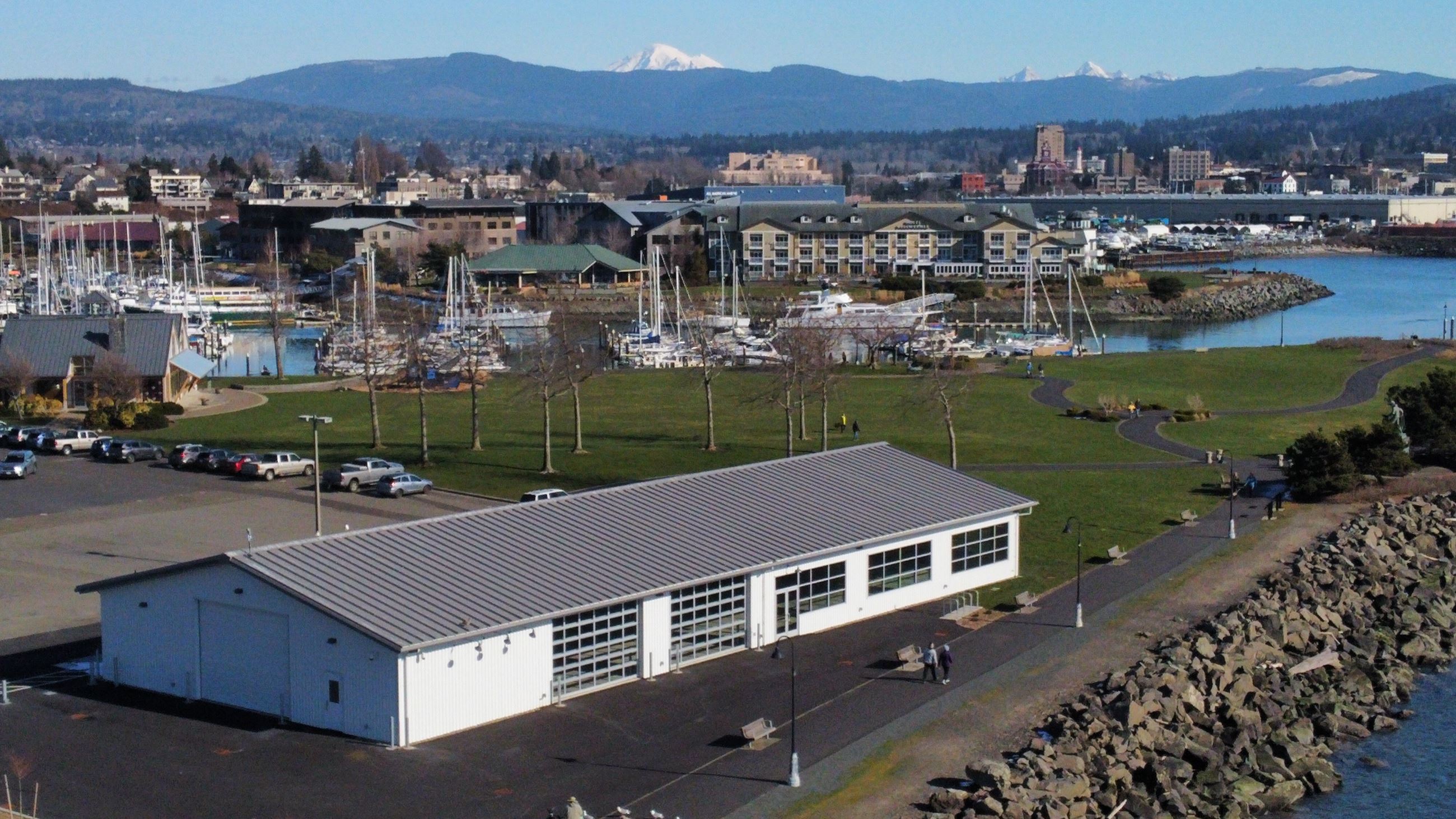 Fishermen's Pavilion with Squalicum Harbor, the Bellwether Hotel and Mount Baker in the backgroun
