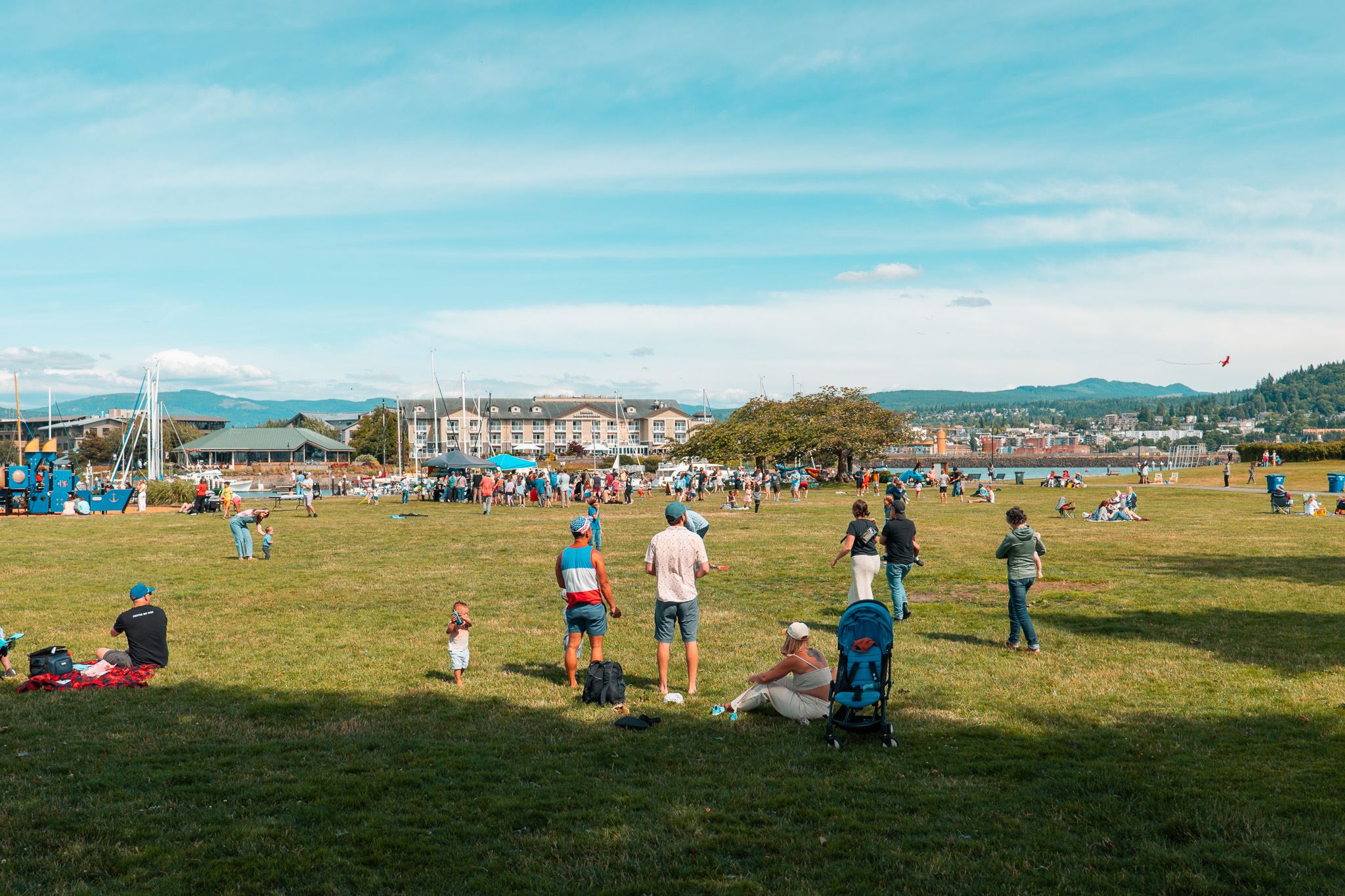a lively scene of people enjoy a summer's day on the grass at Zuanich Point Park