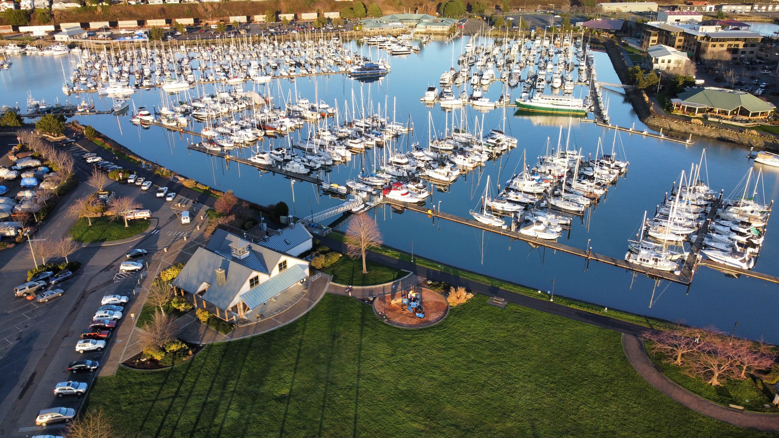 Zuanich Point park from above, showing the boathouse and playground