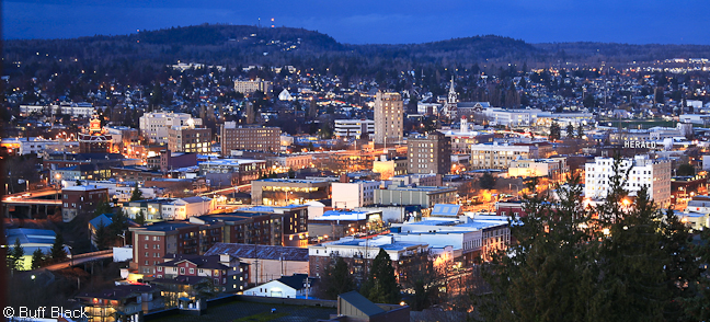 2446 Downtown Bellingham Lights Up at Dusk, Panoramic from WWU Campus C Buff Black