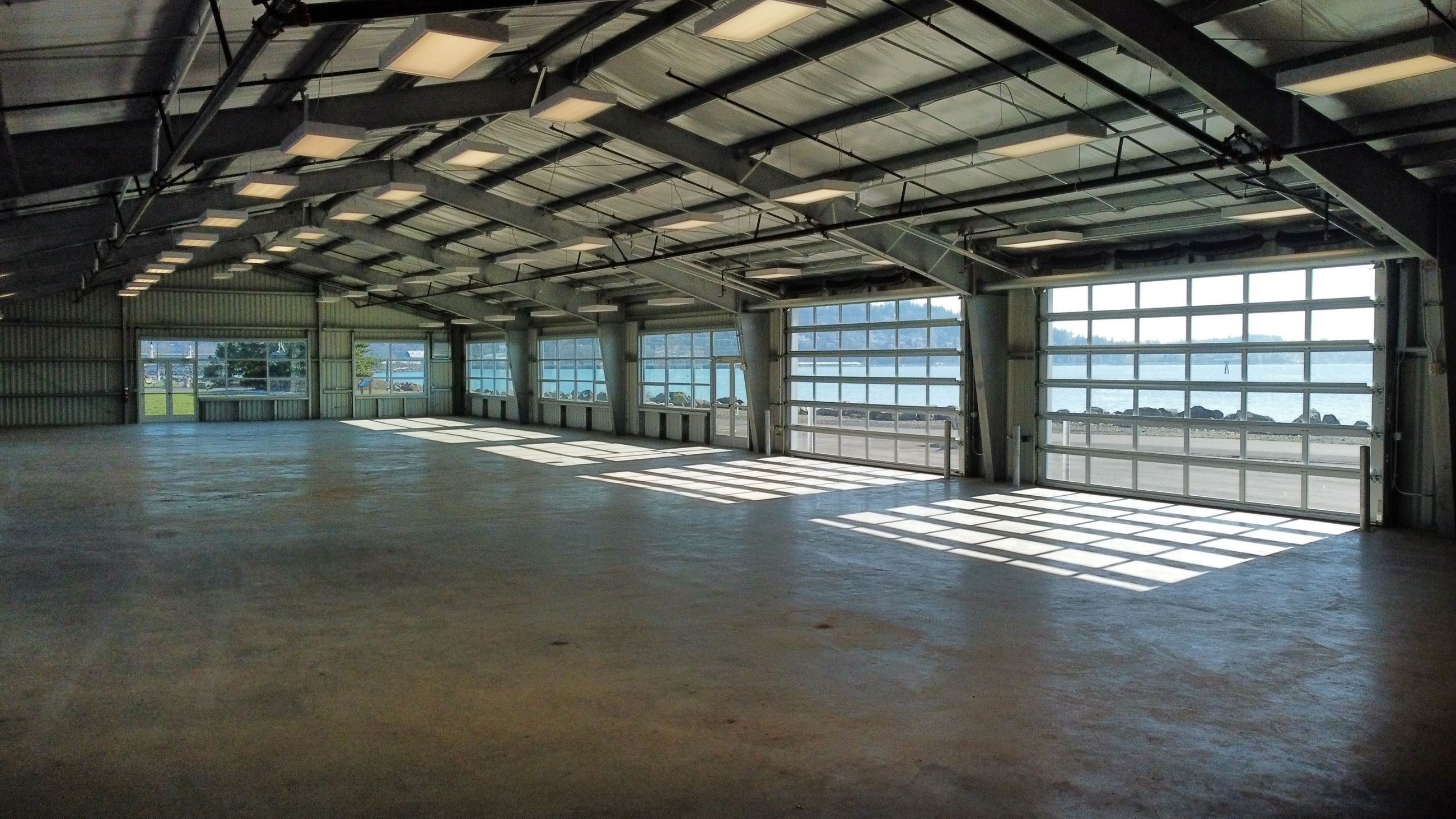 Interior view of the Fishermen's Pavilion showing the view of Bellingham Bay